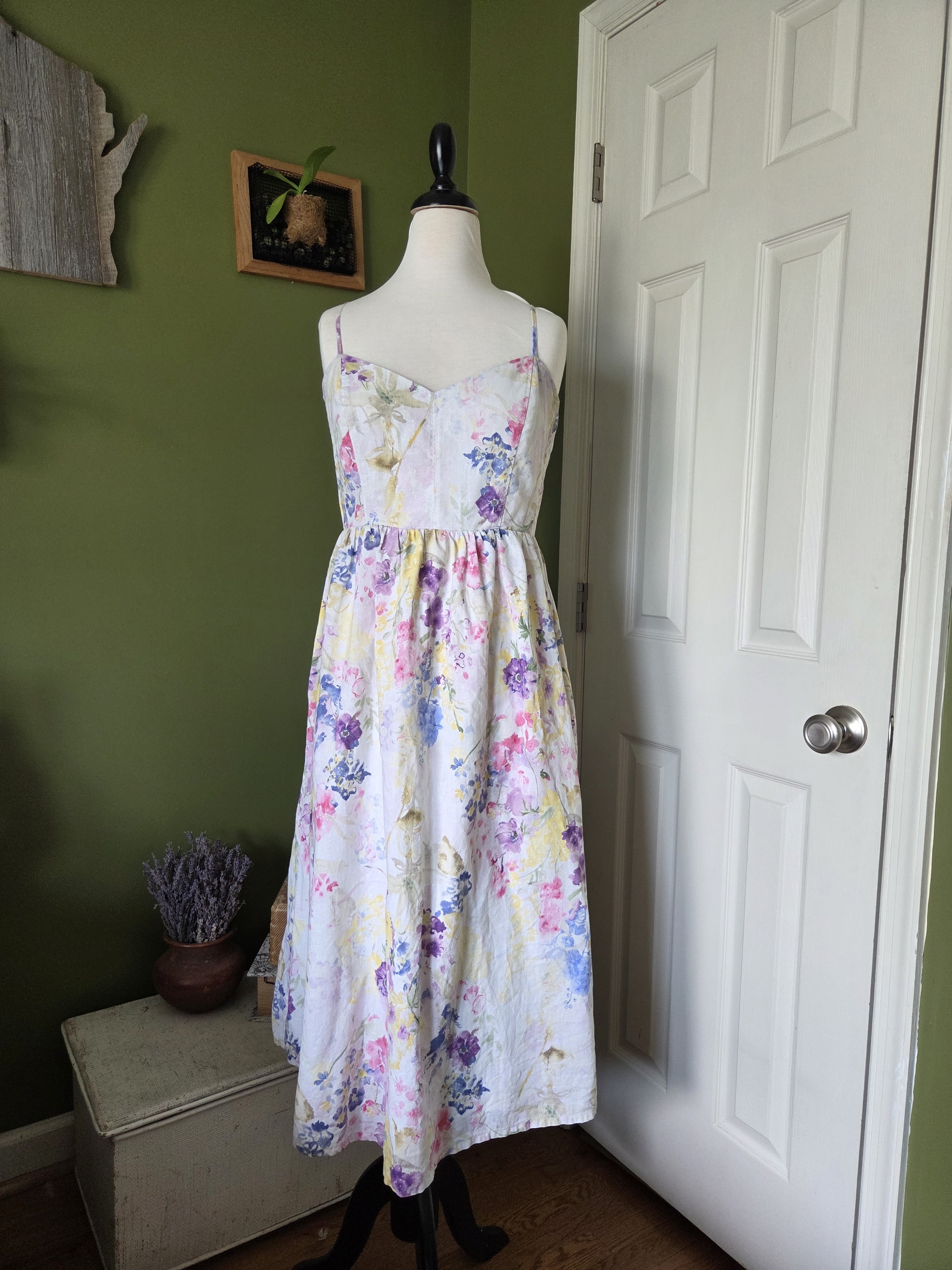 Floral Spaghetti-Strap Linen Blend H&M Midi Dress In Pastels